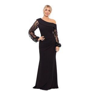 Xscape Black Off-The-Shoulder Gown With Floral Sheer Sleeves & Draped Bow Back D